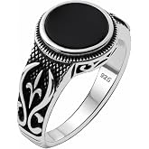 Genuine Solid 925 Sterling Silver Black Onyx Stone, Anatolian Motif Ring for Men