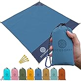 ECCOSOPHY Sand Proof Beach Blanket - Waterproof Picnic Blanket 60x55-Outdoor Compact Pocket Blanket-Lightweight Ground Cover for Hiking, Camping, Festivals, Sports, Travel-with Bag & Stakes (Denim)