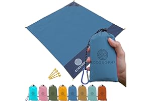 ECCOSOPHY Sand Proof Beach Blanket - Waterproof Picnic Blanket 60x55-Outdoor Compact Pocket Blanket-Lightweight Ground Cover for Hiking, Camping, Festivals, Sports, Travel-with Bag & Stakes (Denim)