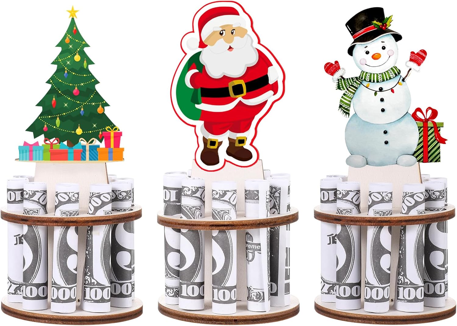 Tree Stands - 3 Pcs Christmas Unique Money Holder, Wooden Cute Santa's, Reindeer, Snowman Money Cash Holder with 10 Holes Money Cake Christmas Ornaments Holiday Tree Decorations