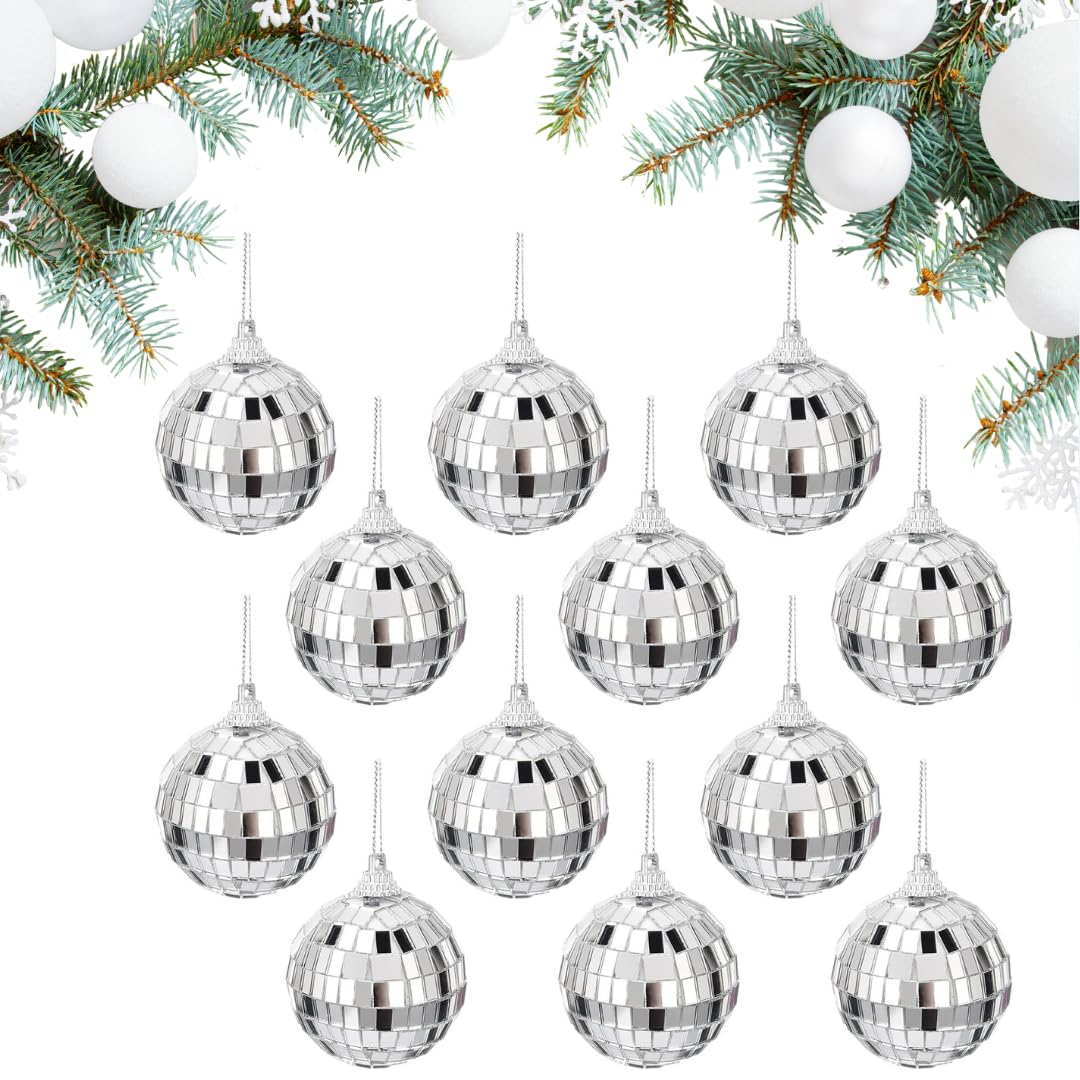 12 Pcs Silver Mirror Ball Baubles Party Mirror Ball Christmas Tree Baubles for Christmas Halloween New Years Eve Weddings 40mm