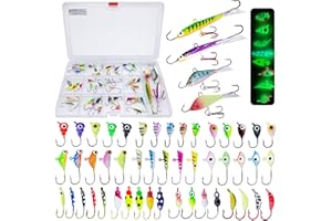 Bombite 52Pcs Ice Fishing Lures Ice Fishing Jigs Kit Glowing Paint Ice Fishing Jig Heads for Crappie Trout Perch Walleye Ice Fishing Gear