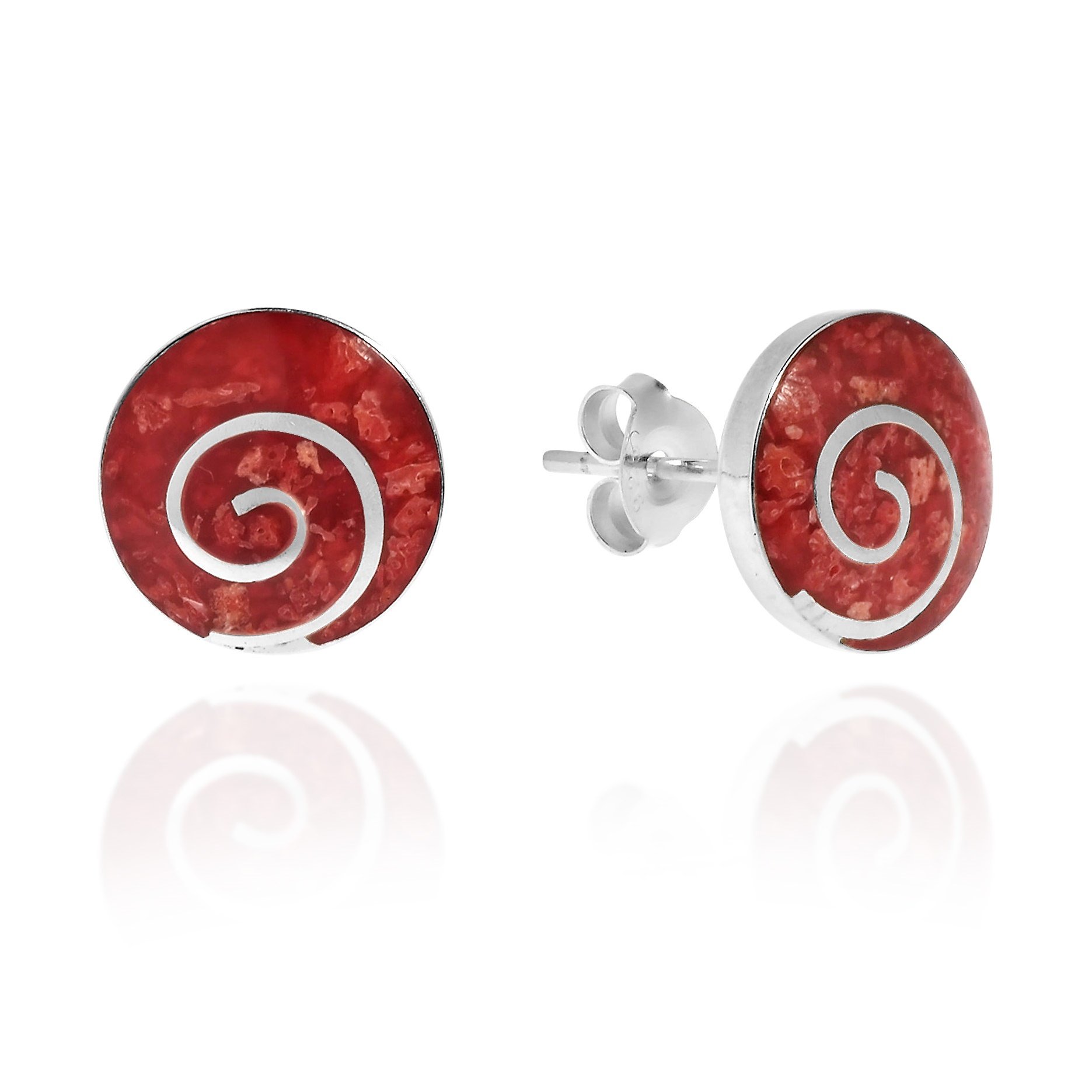 Charming Swirl Reconstructed Red Coral Round Disc .925 Sterling Silver Post Earrings