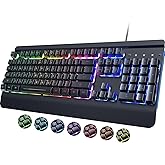 RisoPhy PC419 RGB Gaming Keyboard, 7 Single Color Backlits, 104 Keys Metal Panel, Silent Keys, Wrist Rest, Full Size Waterproof Light Up for PC Laptop Mac Gamer