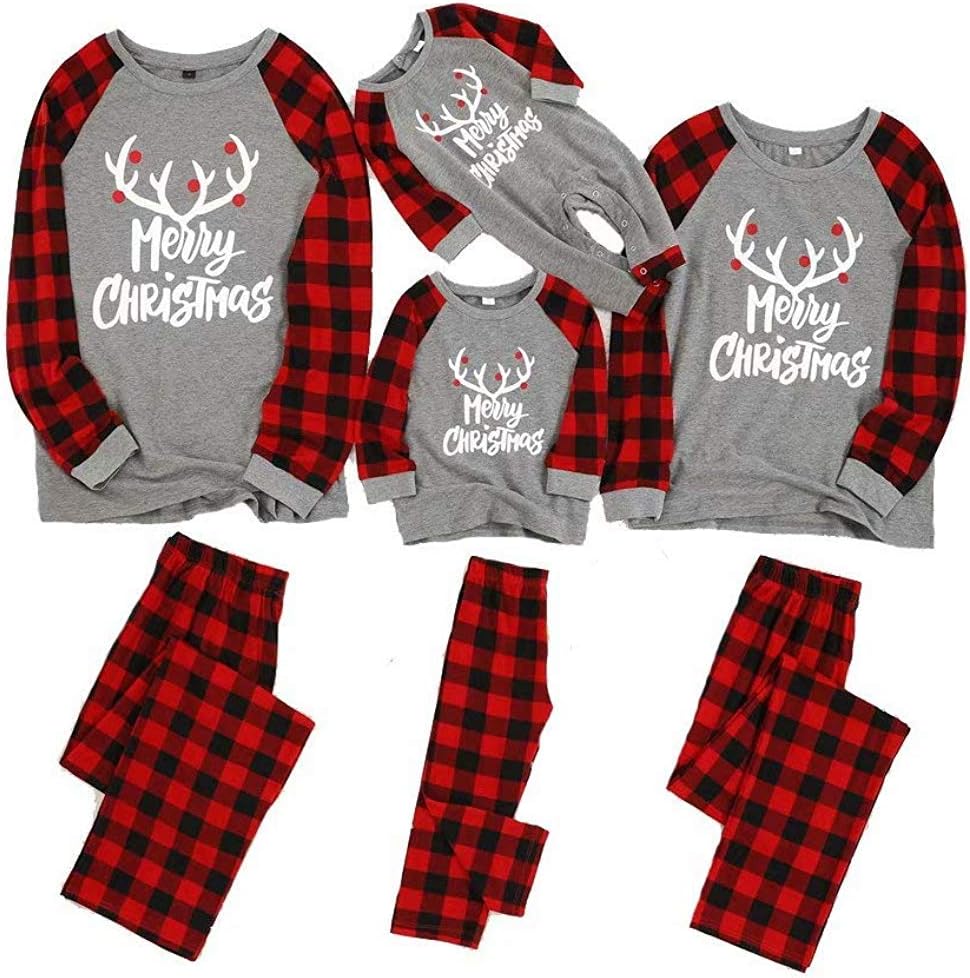 Matching Family Pajamas Sets Christmas PJ's with Letter Printed Long Sleeve Tee and Red Plaid Pants Loungewear