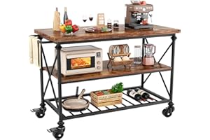 Homieasy Kitchen Island Cart with Wheels, 3-Tier Wood and Metal Rolling Kitchen Island Table with Pipe Legs, Storage Shelves & Lockable Casters for Kitchen Dining Room, Rustic Brown