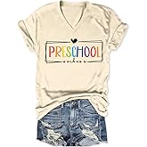 CUZIUAE Preschool Vibes Shirts for Women Preschool Teacher T Shirts Funny V Neck Tees Teacher Back to School Summer Tops