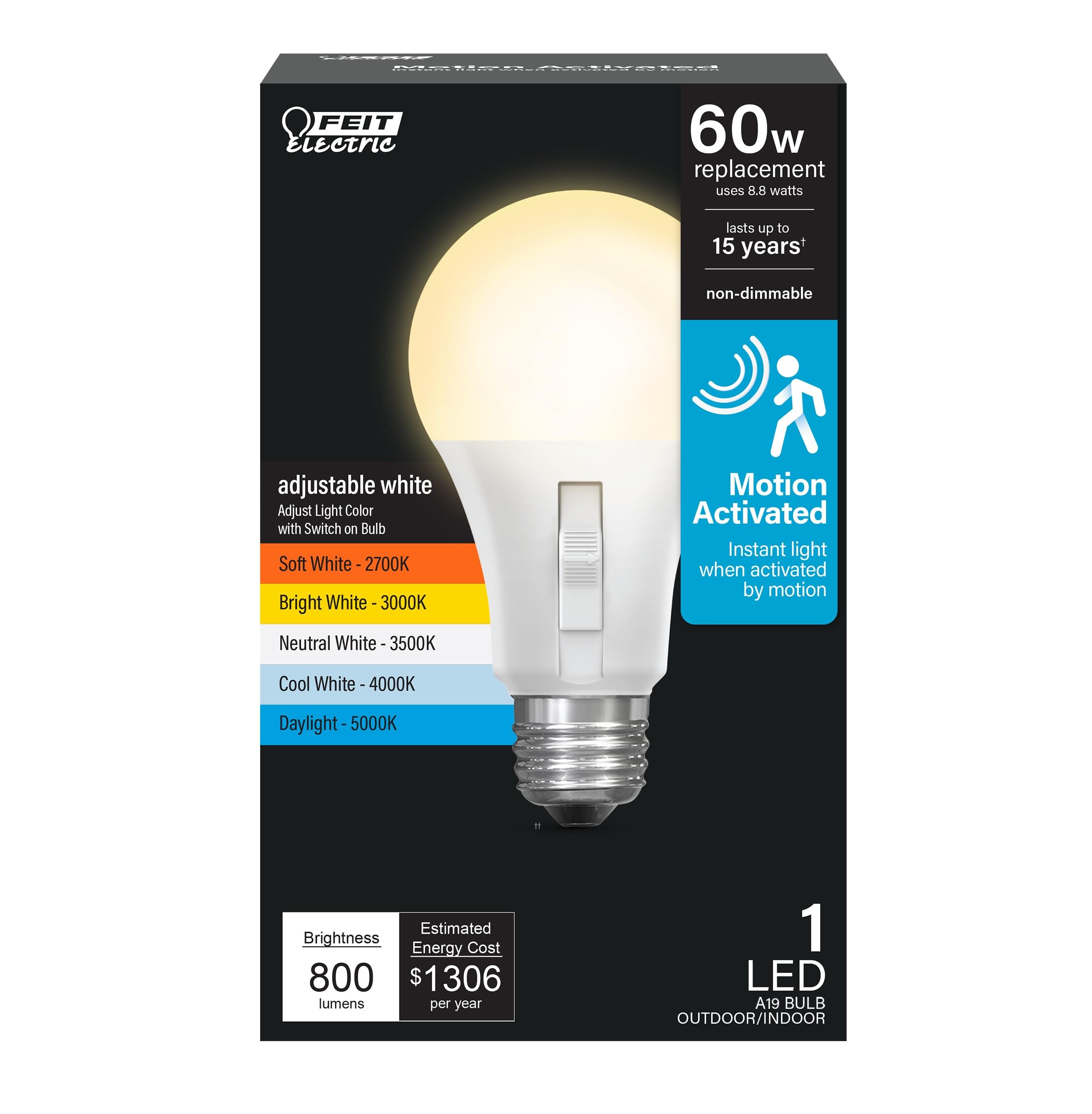 Feit Electric LED Motion Sensor Light Bulb, A19 60W Equivalent, 5CCT ...