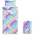Wake In Cloud - Sleeping Bag Zippered, Nap Mat with Matching Pillow for Kids Boys Girls Sleepover Overnight Travel Slumber Bag, Colorful Unicorns Rainbow, 100% Soft Microfiber