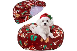 Hoopttay Round Dog Bed Cover Elastic Edged Washable Pet Bed Protector with Christmas Pattern Design for Small & Medium Pet Beds, Covers Only (Christmas Dog, 20 x 9.8 Inch)