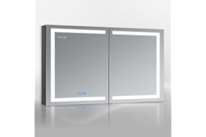 DECADOM LED Mirror Medicine Cabinet Recessed or Surface, Defogger, Dimmer, Clock, Room Temp Display, Makeup Mirror 3X, Outlets & USBs (RUBiNi 48x32)
