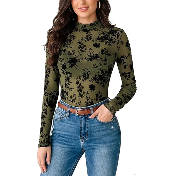 Women's Lace Mesh Tops Long Sleeve Dots Sheer Blouse Sexy Shirt