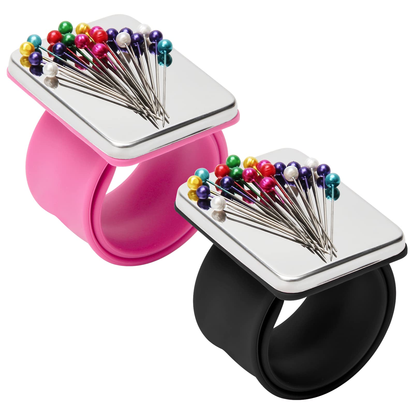 Zhaoyao Magnetic Wrist Sewing, 2PCS Portable Arm Pin Cushion Magnetic Pincushion with Wristband for Sewing Collection (Pink, Black)