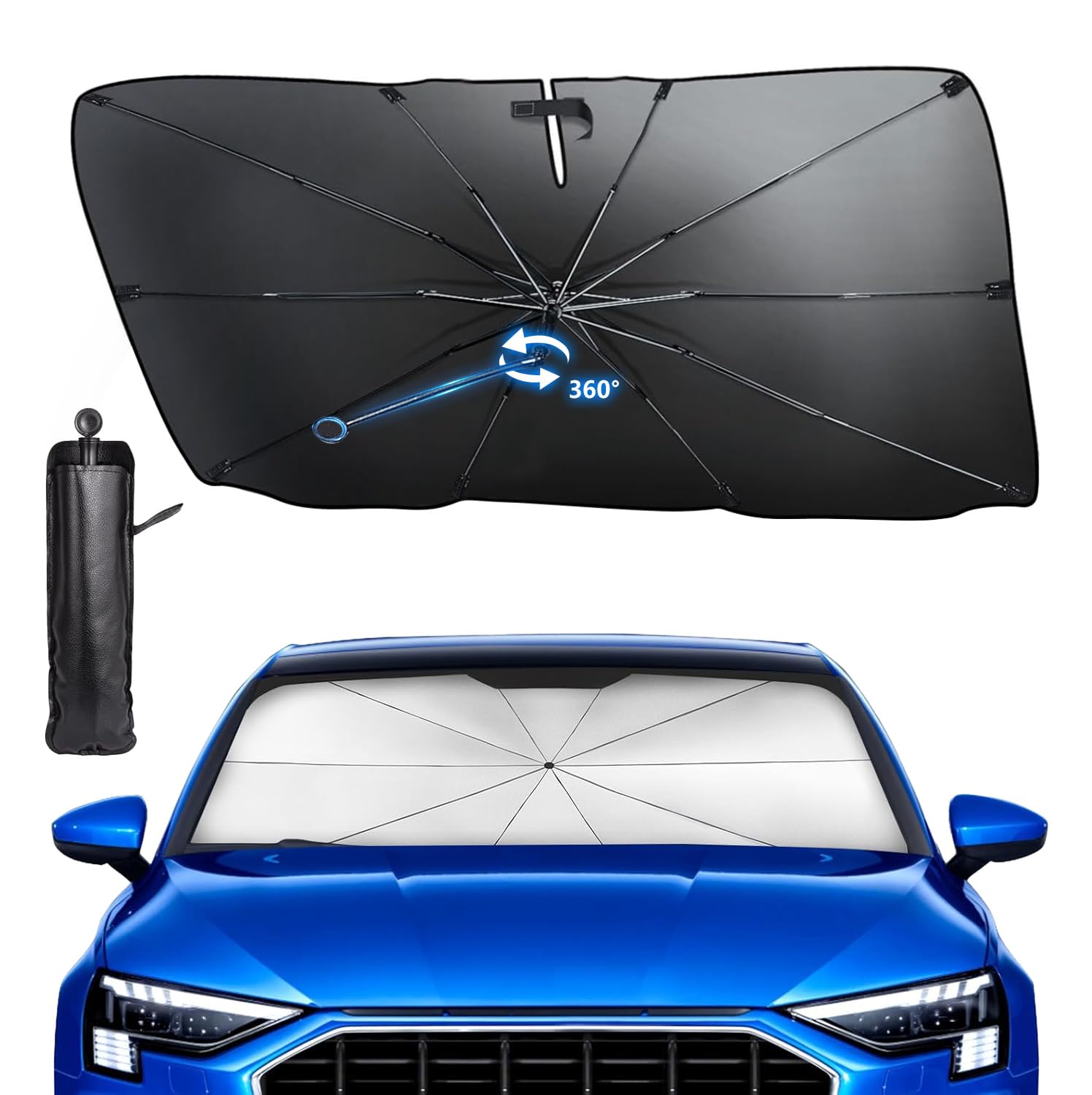 【2025新版車用サンシェード】 サンシェード 車 フロント 傘型 シンシェード 軽自動車 フロント ガラス用 カーサンシェード遮光 遮熱 UVカット紫外線遮蔽 内装劣化防止 プライバシー保護 取り付き簡単 収納便利 車用パラソル カー用品 車 日除け 熱中症対策 車種汎用 車中泊 収納ポーチ付き（140*79CM） の商品画像