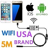 SanSiDo Endoscope Camera Wifi Endoscope Borescope Camera 2.0 Megapixels HD 7mm 6 Leds Waterproof Snake Camera with Shutter for IOS Android IPhone 7/7Plus/6/6s,iPad Pro,Samsung (Endoscope-5M)