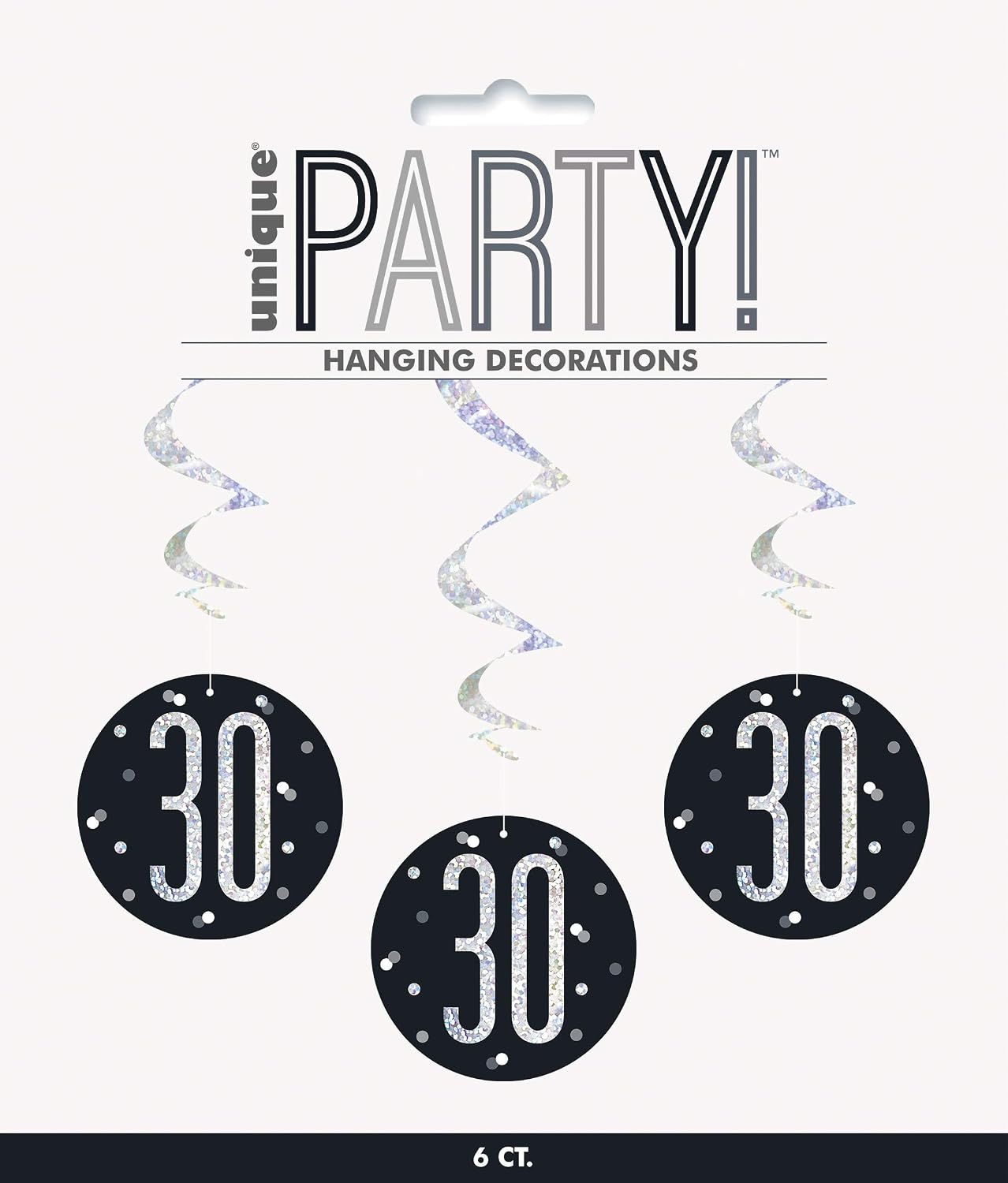 Unique 83785 Black Prismatic 30th Birthday Hanging Decorations,32" 6 Pcs, Age 30