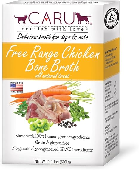 Amazon Com Caru Free Range Chicken Bone Broth For Dogs And Cats Moistens Dry Food Or Pour Over Freeze Dried Raw Food Grain And Gluten Free Non Gmo Ingredients 1 1 Lbs Pet