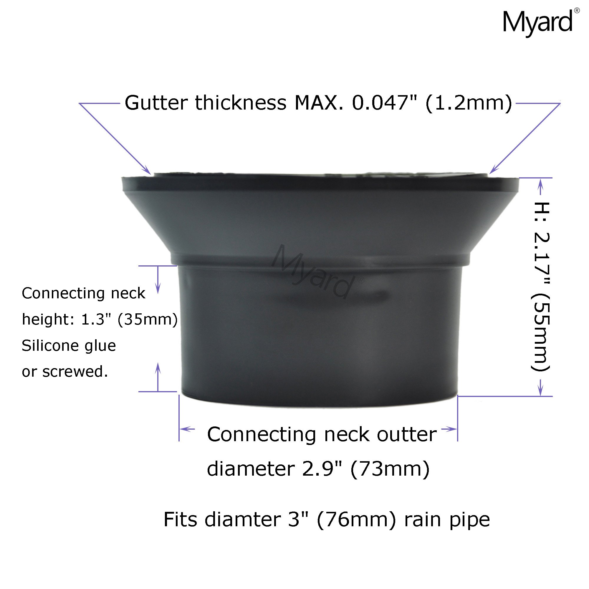 Myard Gutter Downspout Adapter/Connector fits 3" (Schedule 40) PVC Rain