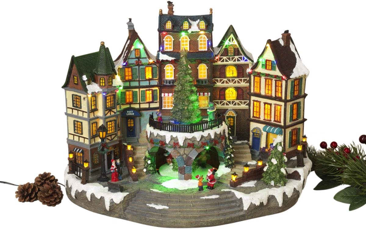 GER Large Musical Christmas Village with Lights and Rotating Tree 15.5