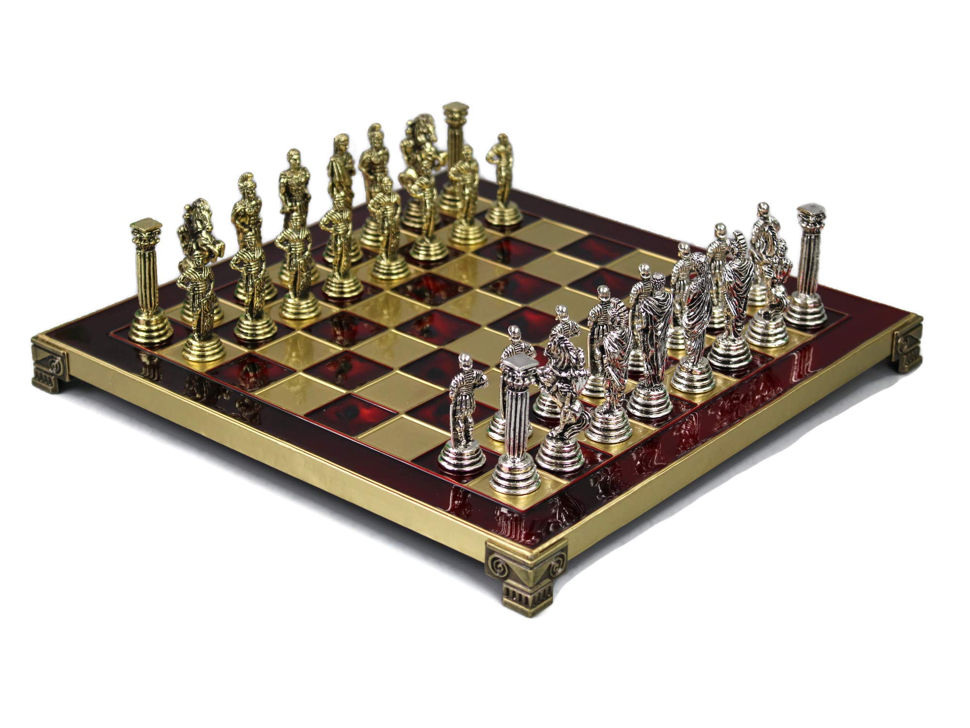 CHESS SET HEAVY METAL HANDMADE RUBY RED GOLD FAMILY TRAVEL HOLIDAY BOARD GAME GREEK AND ROMAN BRASS METAL ALLOY AND BRONZE PLATED PIECES MADE IN GREECE BY 11" 200R
