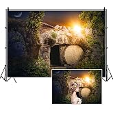 DORCEV 7x5ft Empty Stone Tomb Photography Backdrop Crucifixion of Jesus Christ Holy Lights Cross Background God Bless Jesus Christian Pray Adults Art Portraits Photo Props