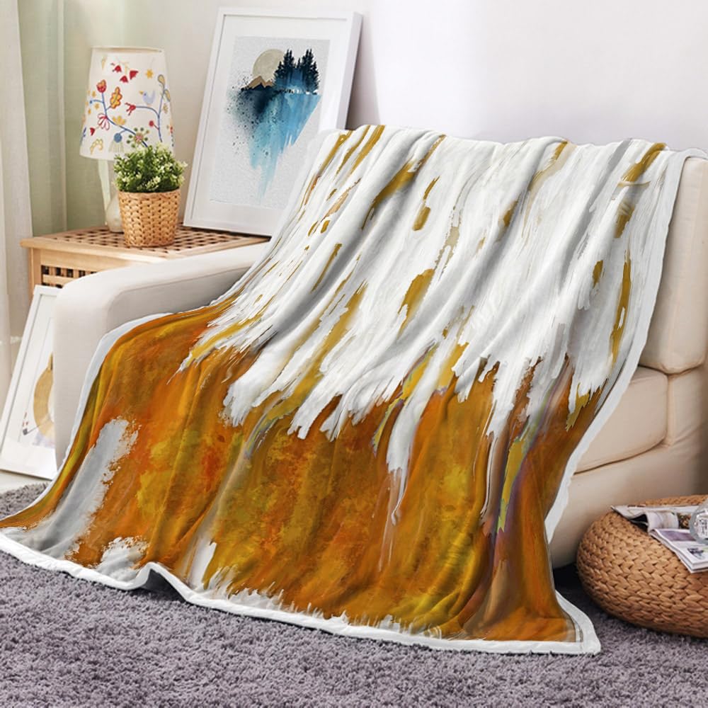 Photo 1 of Uokiuki Abstract Ombre Throw Blankets, Modren Chic Art Oil Painting Cozy Warm Bed Couch Blanket, Yellow Gold White Fleece Flannel Throws to Decorate The Room and Bedroom