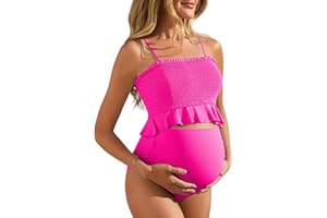 Summer Mae Maternity High Waist Swimsuit Ruffle Hem Bikini Bathing Suit Shirred Bandeau Two Piece Pregnancy Swimwear