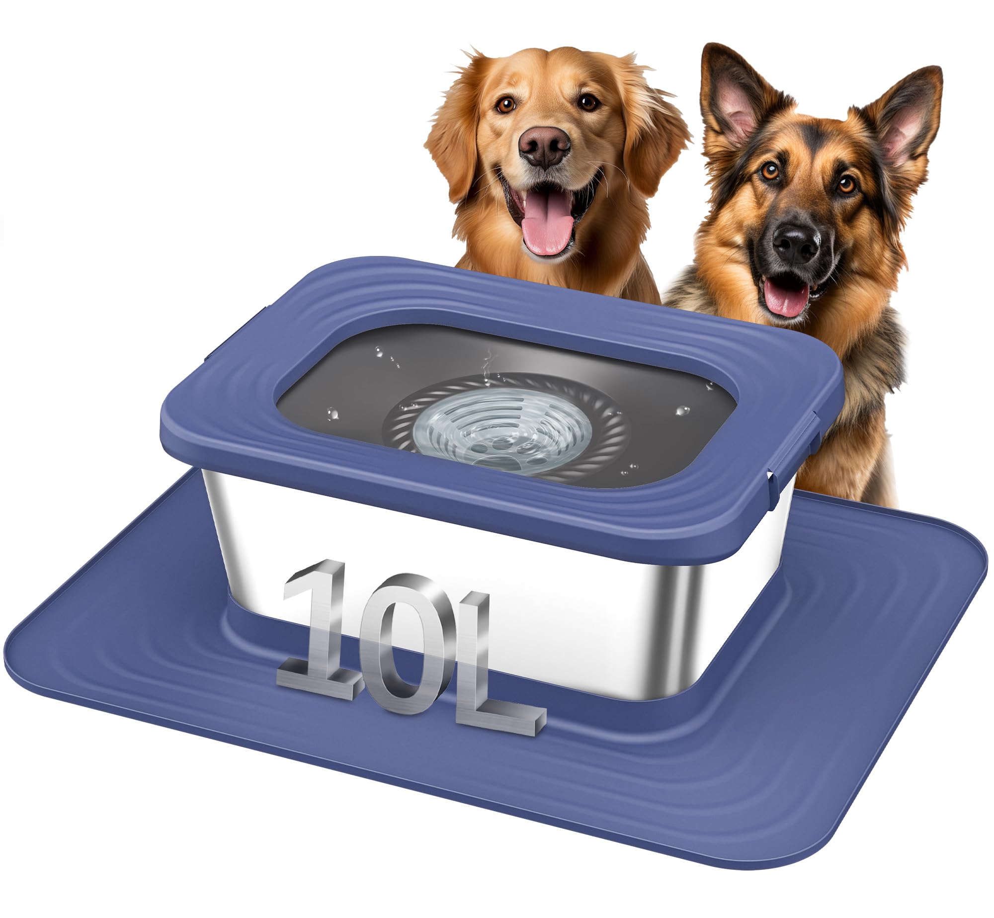 Photo 1 of Decflow 10L Stainless Steel Dog Water Bowl, No Spill Anti-Splash Dog Bowls with XXL Silicone Mat, Spill-Proof Slow Feeder for Messy Drinkers, Heavy Duty Pet Bowls for Indoor/Outdoor Use Blue