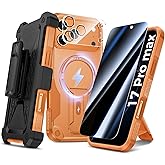 Goton 4in1 for iPhone 17 Pro Max Case with Belt Clip Holster, Privacy Tempered Glass Screen Protector & Camera Lens Protector, Compatible with MagSafe, Heavy Duty, Shockproof Phone Cover