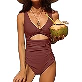 Charmo Womens One Piece Swimsuit Ruched Tummy Control High Cut Backless V Neck Bathing Suits Swimwear