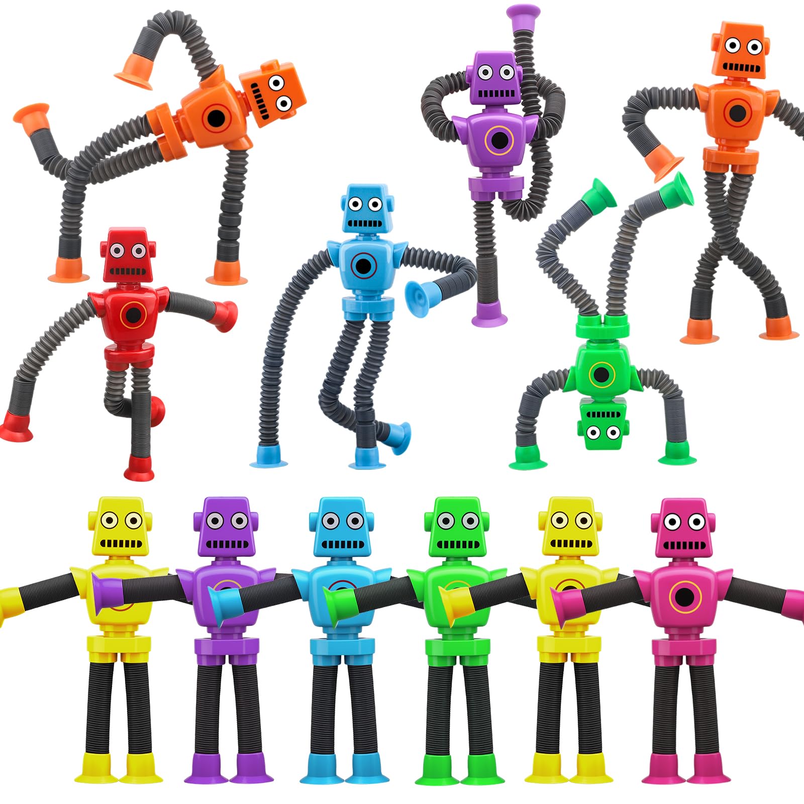 Suction Cup Robot Fidget Toy, Shape Changing Sensory Pop Tube Fidget Spinner, Stress Relief Desk Decor for Classroom Office, Party Favor Birthday Goodie Bag Filler Travel Gift for Boy Girl 12PCS — image 1