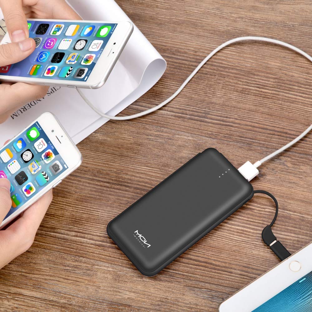 MOXNICE Fast Charging 10000mAh Power Bank - Slim Portable Charger with Built-in Type-c Cable, External Battery Charger Pack for iPhone Android Samsung（S8/S9 Galaxy Huawei iPad Tablet(Black)