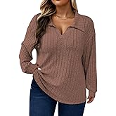 ROSRISS Plus Size Tops for Women Casual Knit Sweaters Going Out Lapel V Neck T-Shirts Lightweight Long Sleeve Blouses