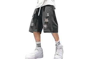 EMMIOL Baggy Jean Shorts Men, y2k Jorts Cargo Ripped Elastic Waisted, Mens Denim Shorts Loose fit Vintage Streetwear Summer