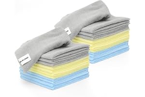 DRKLEAN Microfiber Cleaning Cloth,14"x14",24 Pack,High Performance,Softer and More Absorbent, Lint-Free, Wash Cloth for Home, Kitchen, Car, Window,Blue/Grey/Yellow (24)