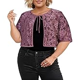 Lastshe Womens Plus Size Lace Shrugs Short Sleeve Cut Out Style Floral Pattern Bolero Sheer Top Tie Front Cardigan