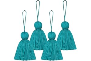 NINGYOHI Big Size 4 PCS Tassels for Crafts, Handmade Hanging Tassels for Pillow Decor, Blanket Decoration Tassels, with Hanging Rope for Tassel Garland (8cm/3.15 inch) (Peacock Green - 4 PCS)