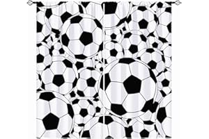 YUANZU Soccer Sport Curtains Rod Pocket Boys Kids Classical White and Black Football Balls Cartoon Print Pattern Window Drapes for Man Teen Nursery Baby Bedroom Playroom W42 x L84 Inch 2 Panels
