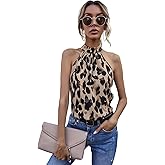 WDIRARA Women's All Over Print Halter Vest Sleeveless Cut Out Back Summer Top