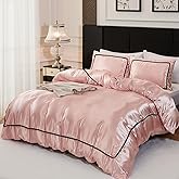 Herside Pink Satin Comforter Set 7 Pieces Full Size Bed in a Bag Luxurious Satin Bedding Set with Comforter Pillowcases and Sheets Sets Mini Pompoms Design Super Soft Silky Bed Set for All Seasons