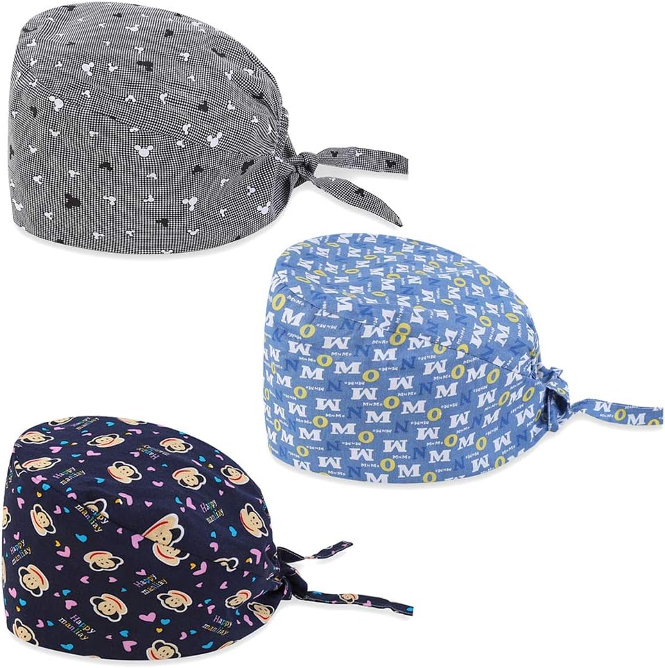 Rong Scrub Cap Surgical Bouffant Paytail Scrub Hat Adjustable Turban Cap with Sweatband and Cotton Mask for Women Men
