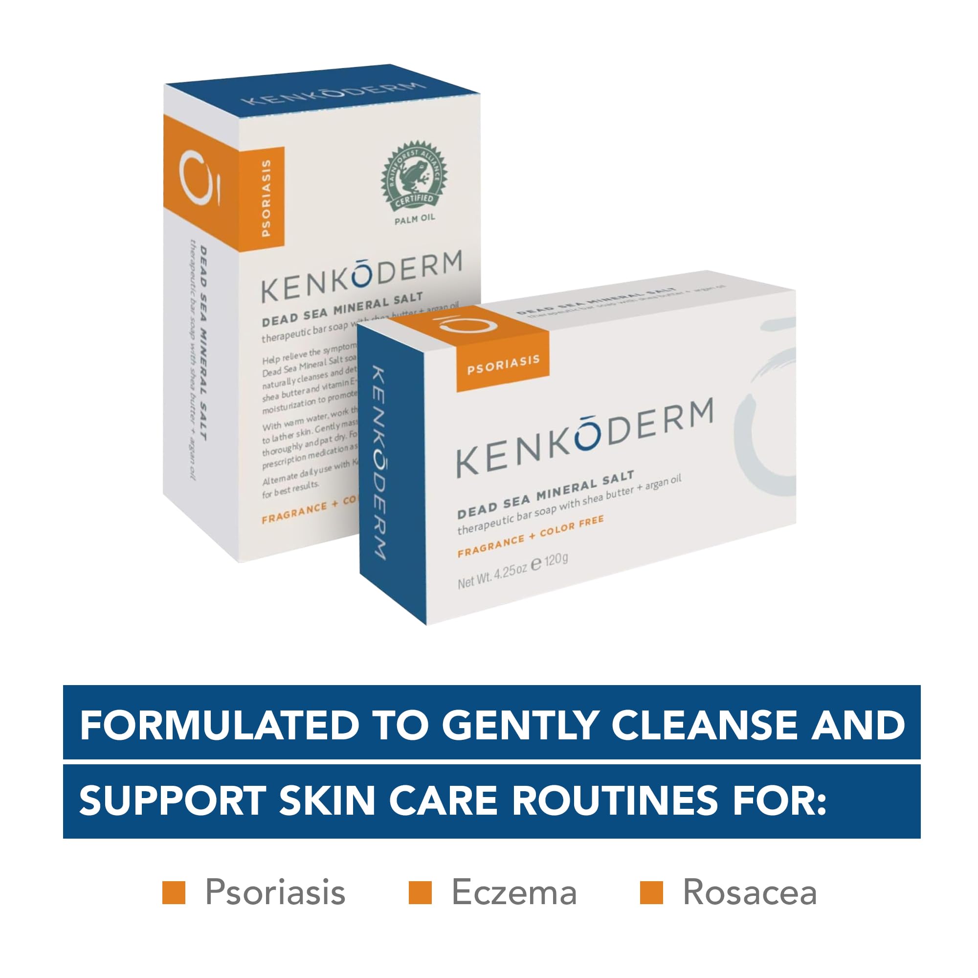 Kenkoderm Psoriasis Dead Sea Mineral Salt Soap with Argan Oil & Salicylic Acid, Natural Exfoliating Body & Face Cleanser for Sensitive Skin, Color & Fragrance Free, 4.25 Ounce, 1 Bar