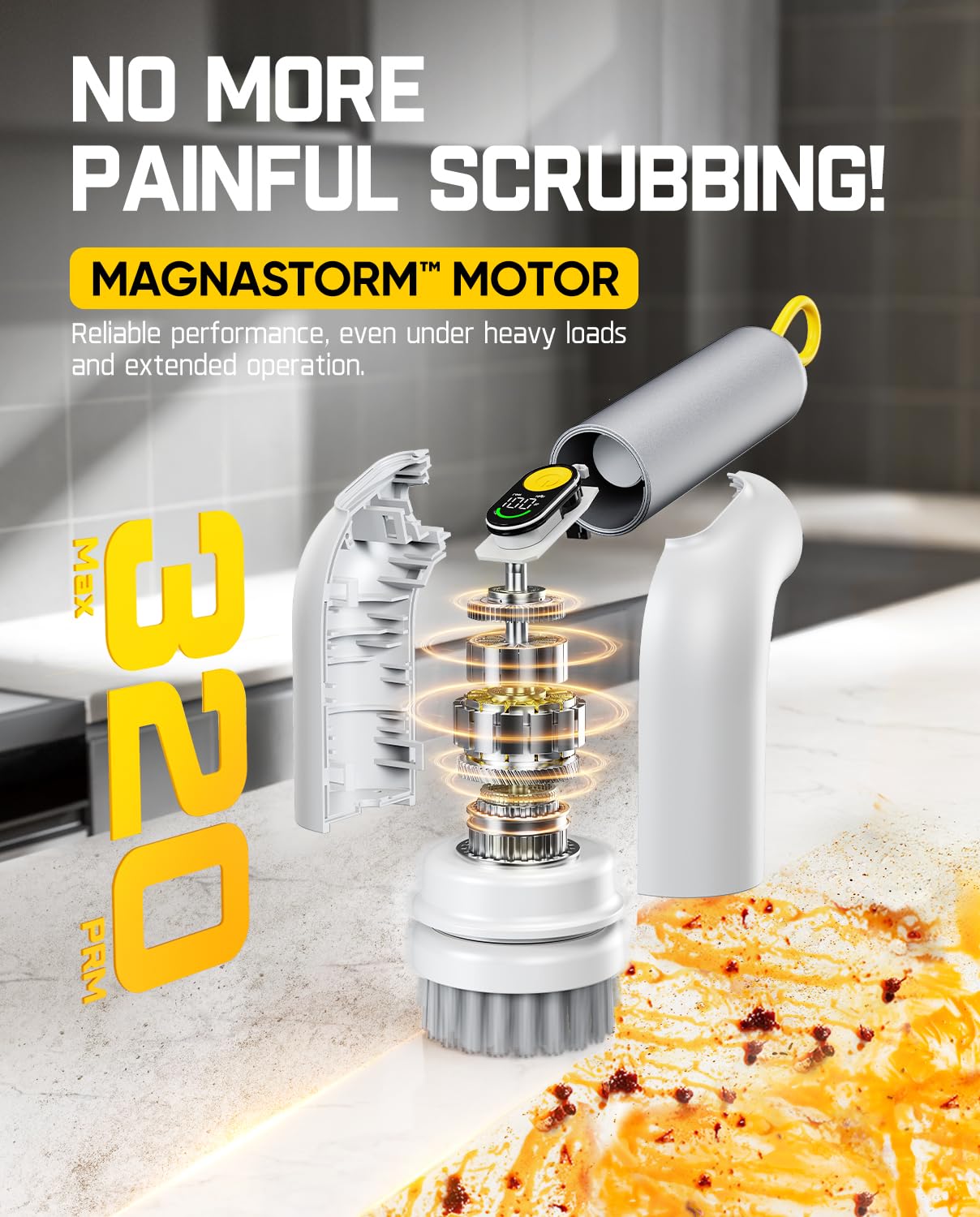 Fanttik G9 Handy Cordless Electric Spin Scrubber, MagnaStorm Motor, Dual-Speed, 5 Brush Heads, LED Display, IPX7 Waterproof, 2500mAh with Type-C Charging, for Kitchen, Sink, Tile, Stove- White