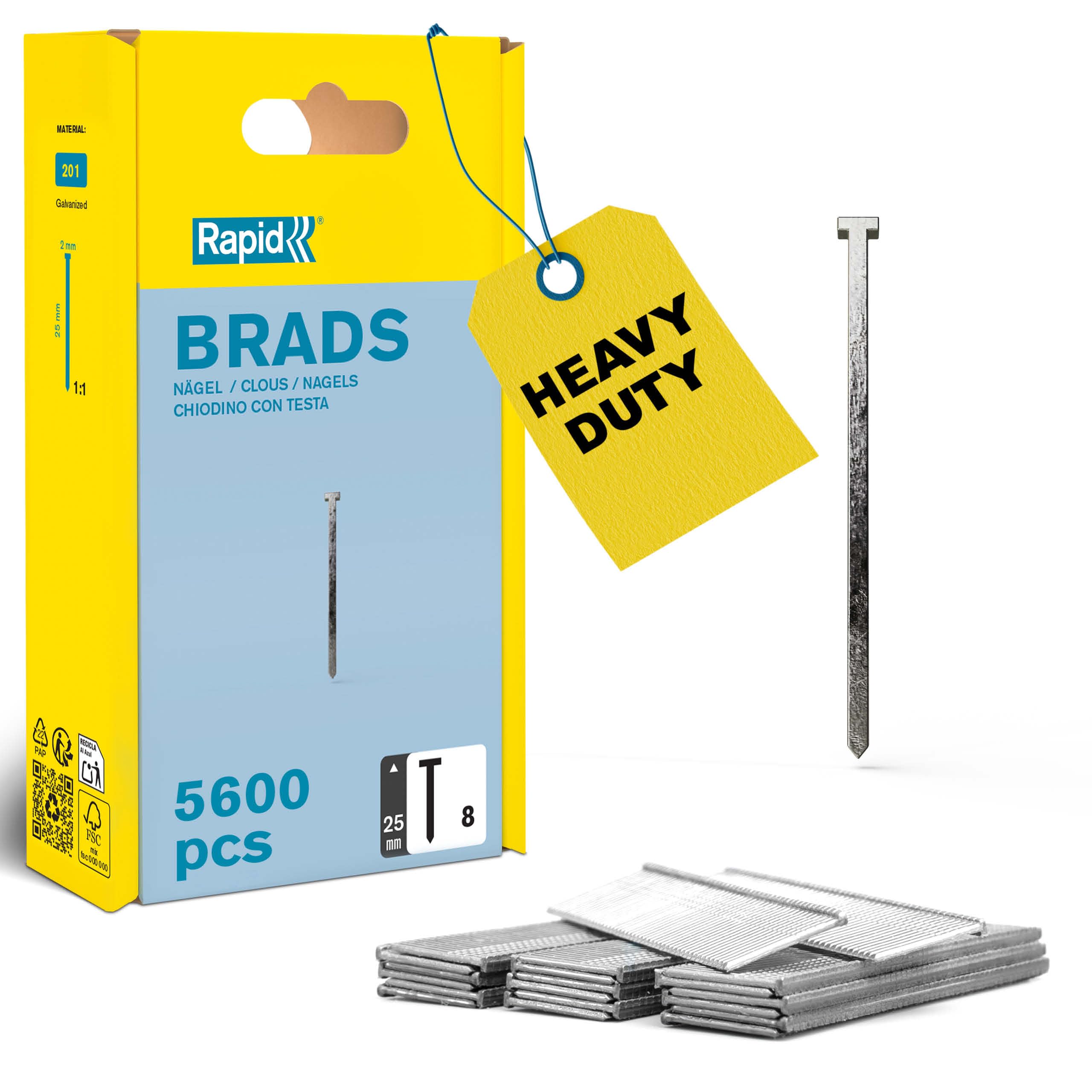 Rapid High Performance No.8 Galvanised Steel Brad Nails, Wire Length: 25 mm, 5000183 - 5600 Pieces