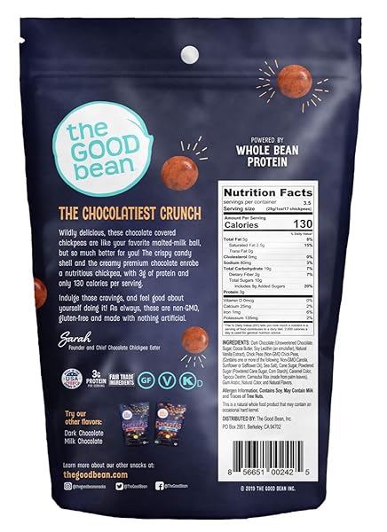 THE GOOD BEAN CHOCOLATE COVERED CHICKPEAS – MOCHA CHOCOLATE – 3.5 OZ RESEALABLE BAG – CRISPY CHOCOLATE CHICKPEA BEANS – CHOCOLATE SNACK WITH GOOD SOURCE OF PLANT PROTEIN AND FIBER