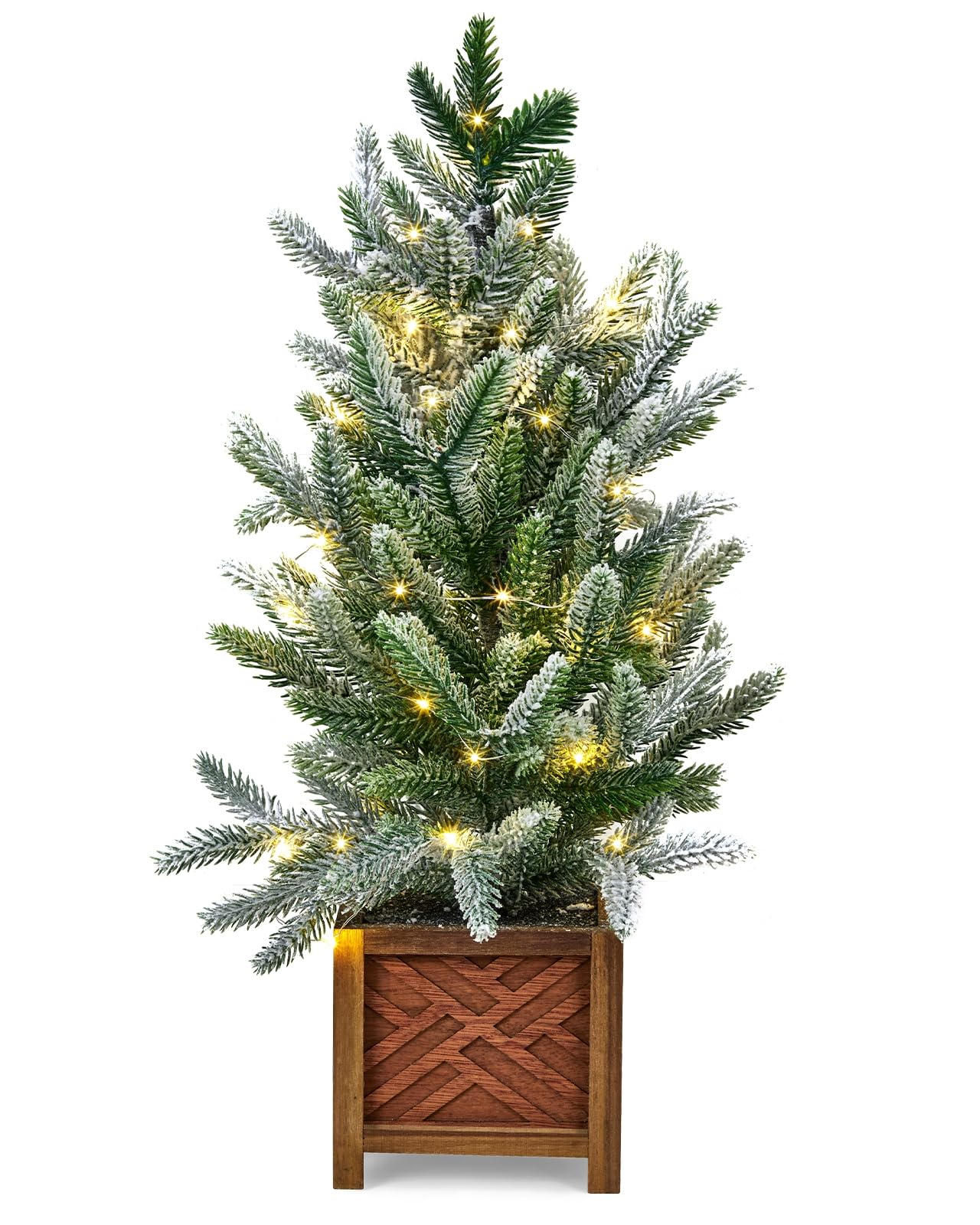 Photo 1 of **BOTTOM BASE IS LOOSE**Takywep 2 Ft Prelit Tabletop Mini Christmas Tree, Battery Operated Artificial Small Xmas Tree, Potted Snow Flocked Pine Tree with 30 LED Lights for Holiday Table Centerpiece Desk Decorations