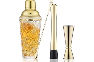 Gbuxska Gold Cocktail Shaker Set - Premium Glass Bartender Kit with Measuring Jigger, Mixing Spoon, and Muddler