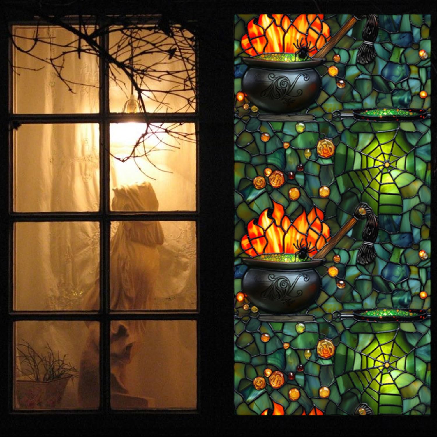 Photo 1 of 1 Sheet Halloween Window Sticker Large Green Window Cling with Cupping Glass Flame Designs Reusable Artificial Horror Window Decals for Home Halloween Trick Party Classroom Office Supplies Decorations