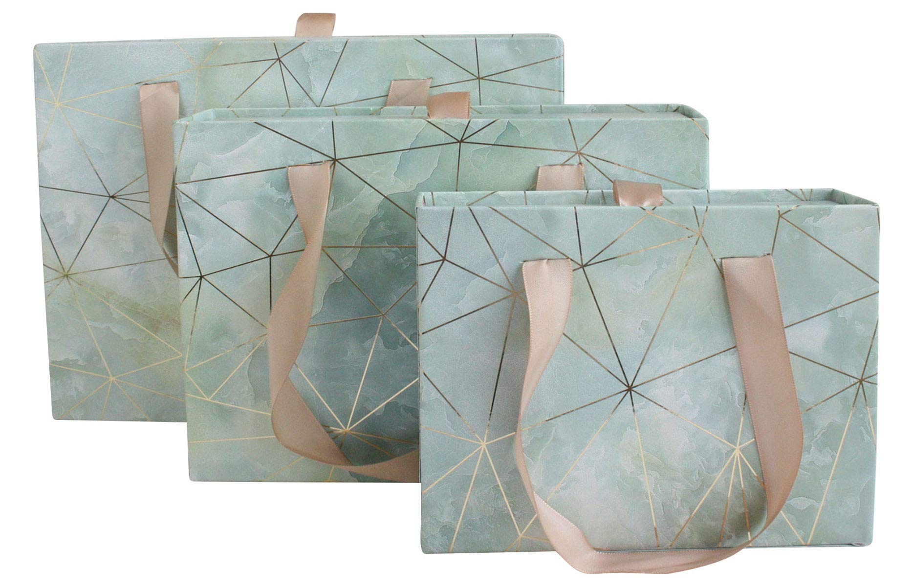 Emartbuy Set of 3 Gift Box, Sea Green Marble Print with Golden Origami Lines and Beige Carry Handle