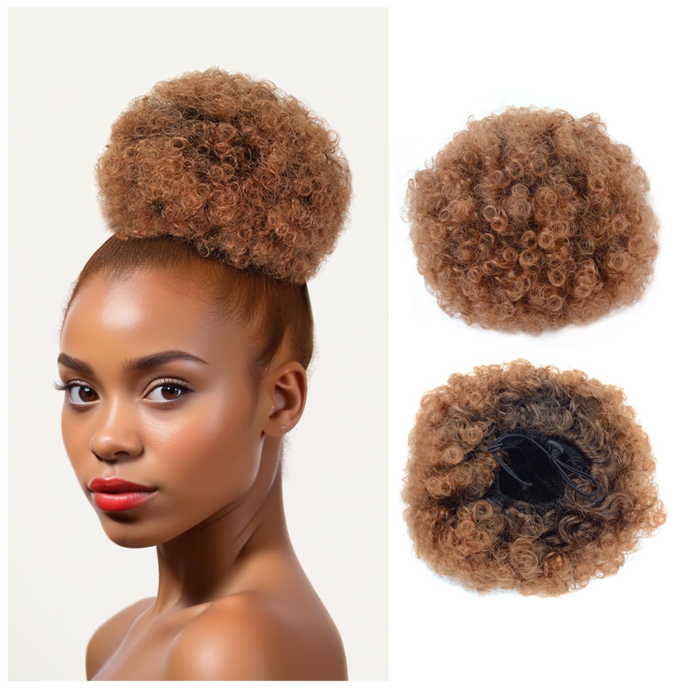 Afro Puff Drawstring Ponytail with Two Clips for Black Women Synthetic Curly Ponytail Bun Extension Hairpieces Updo Hair Extensions (Medium, T1B/30#)